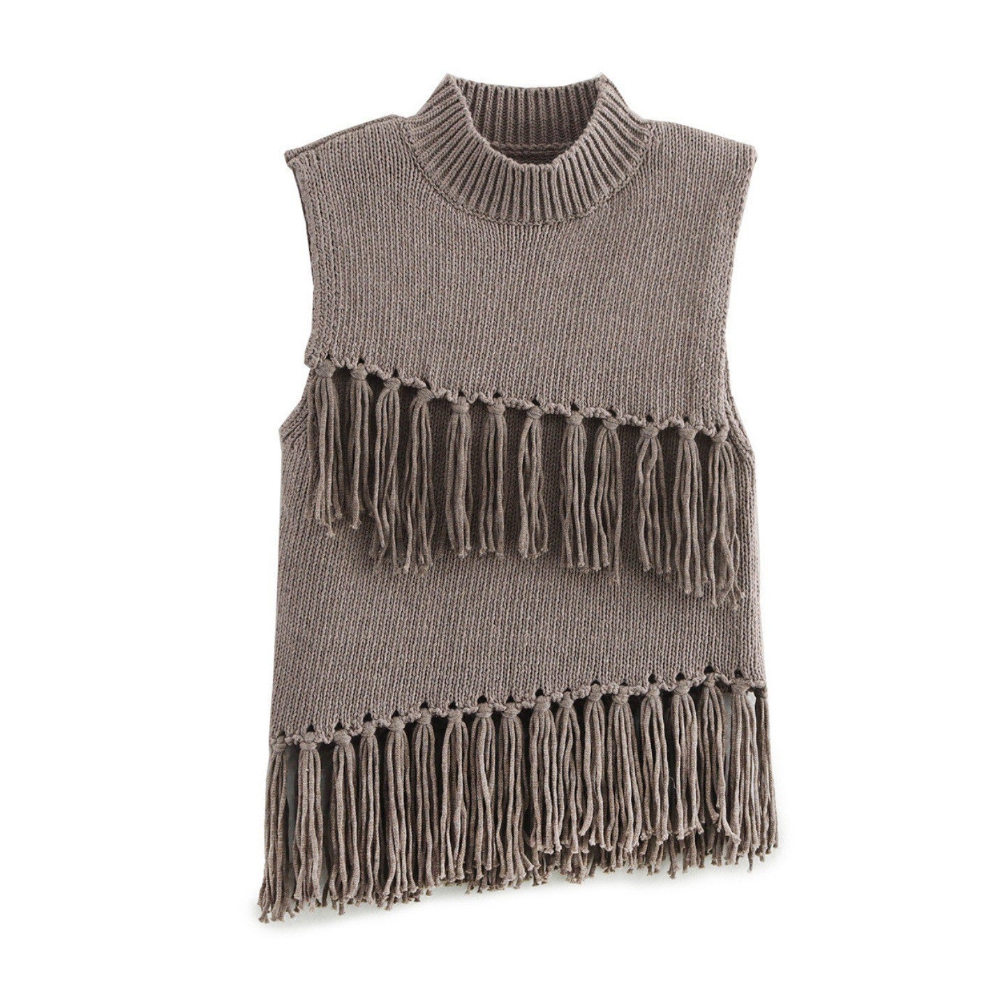 Top femme, col montant, franges