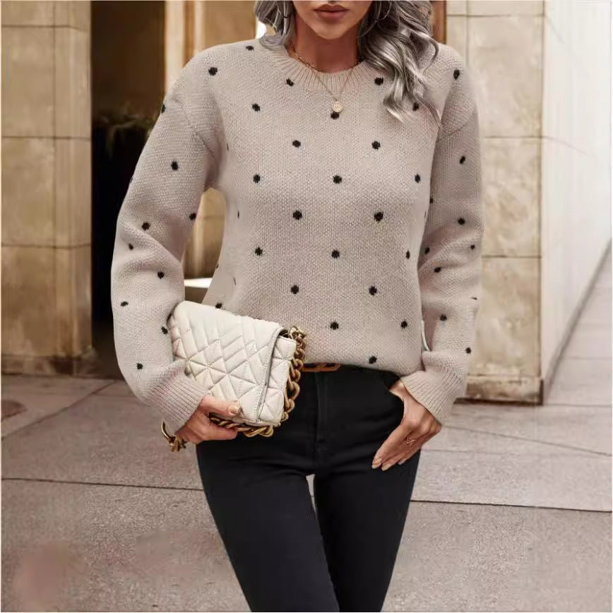 Pull femme, col rond, à pois