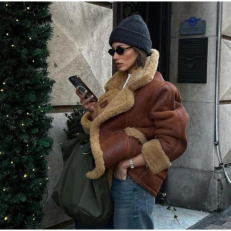 Manteau en laine d'agneau épais femme