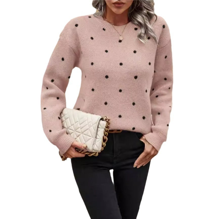 Pull femme, col rond, à pois