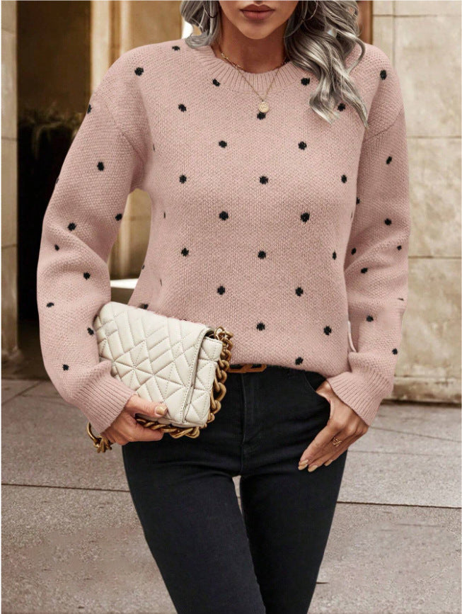 Pull femme, col rond, à pois