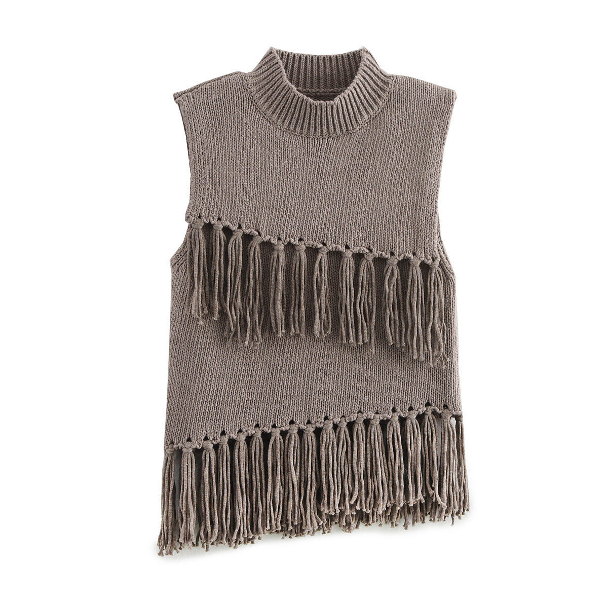 Top femme, col montant, franges