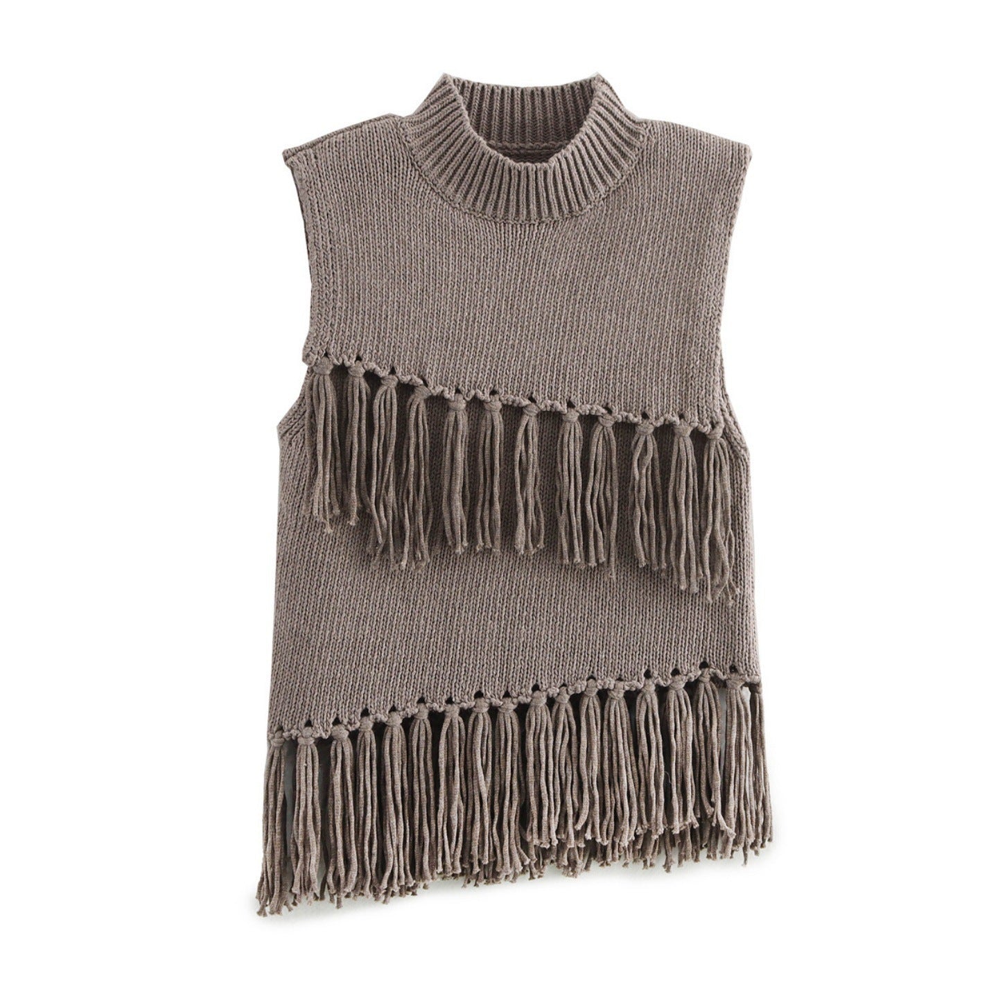 Top femme, col montant, franges