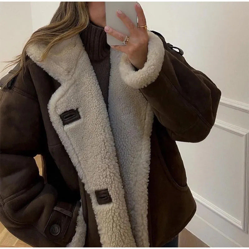 Manteau en laine d'agneau épais femme