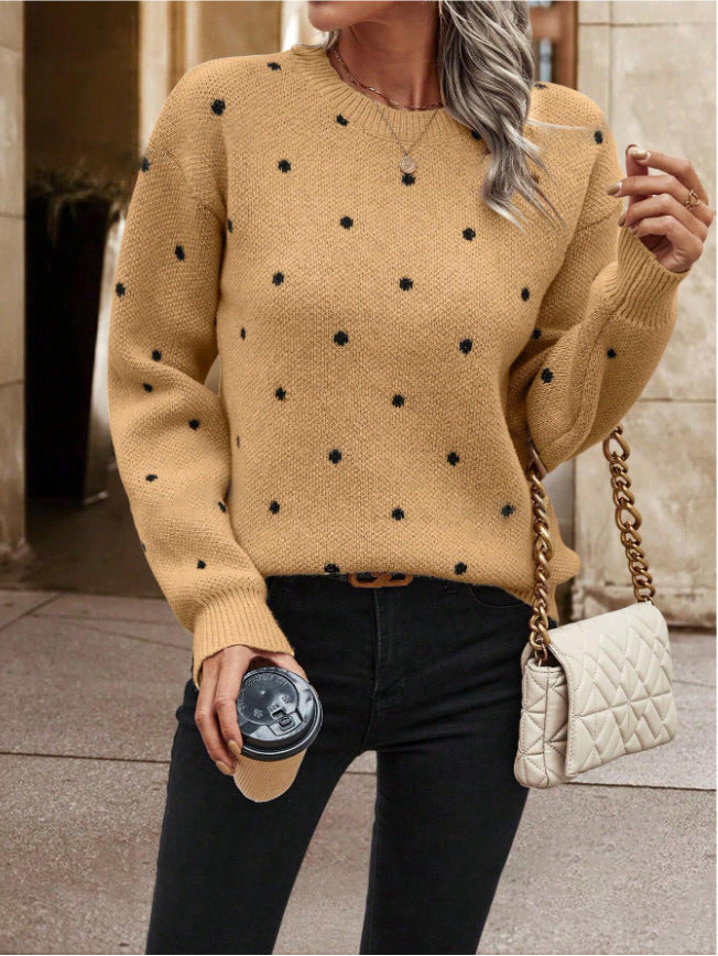 Pull femme, col rond, à pois