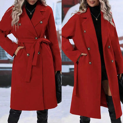 Trench Coat Long à Revers Ceinturé - Mode Hiver Femme