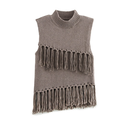 Top femme, col montant, franges