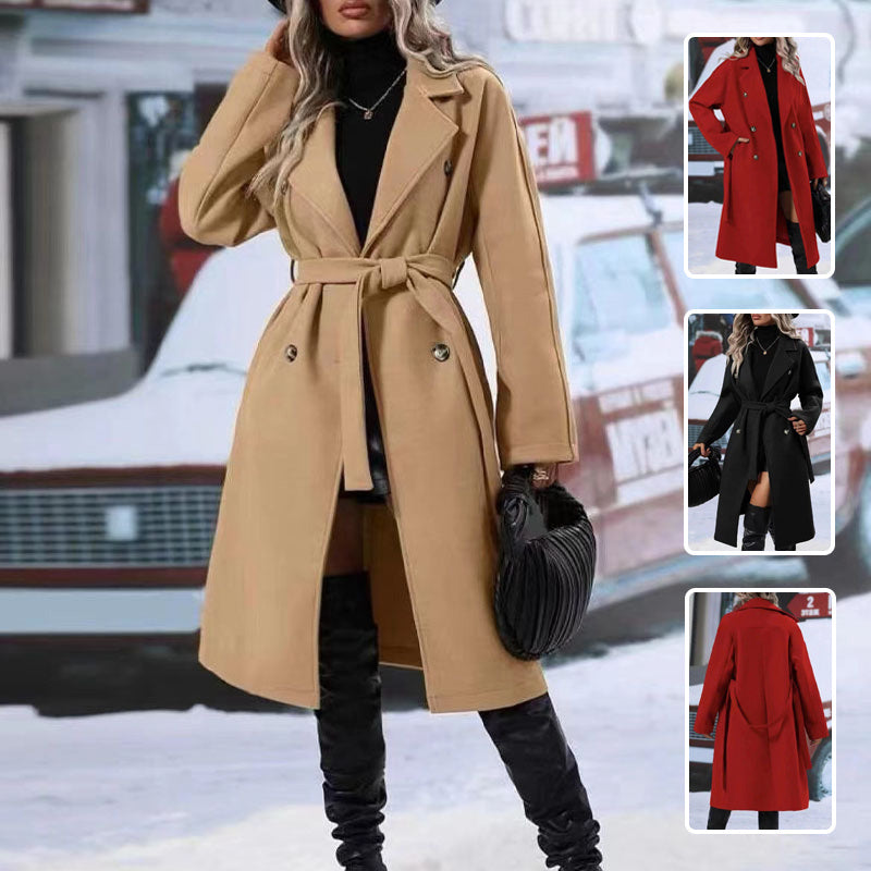 Trench Coat Long à Revers Ceinturé - Mode Hiver Femme